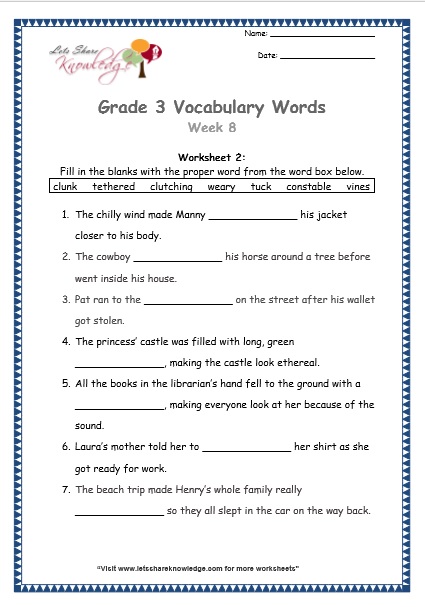 grade 3 vocabulary worksheets week 8 lets share knowledge