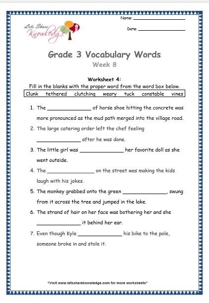 Grade 3: Vocabulary Worksheets Week 7