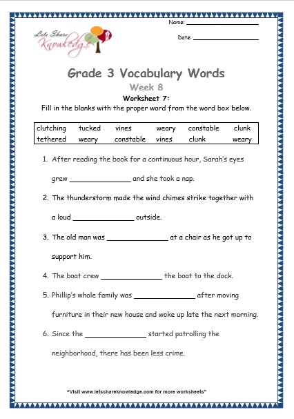  grade 3 vocabulary worksheets Week 8 worksheet 7