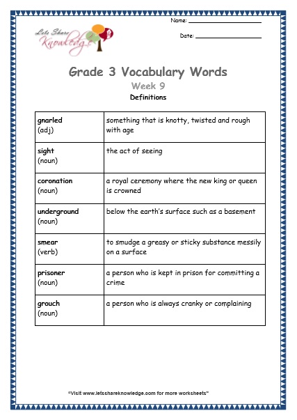 grade 3 vocabulary worksheets Week 9 definitions