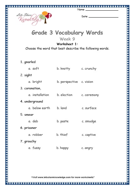 Grade 3: Vocabulary Worksheets Week 9 - Lets Share Knowledge