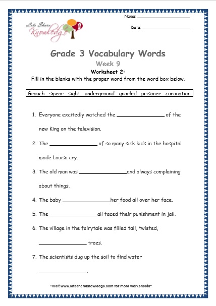 grade 3 vocabulary worksheets Week 9 worksheet 1