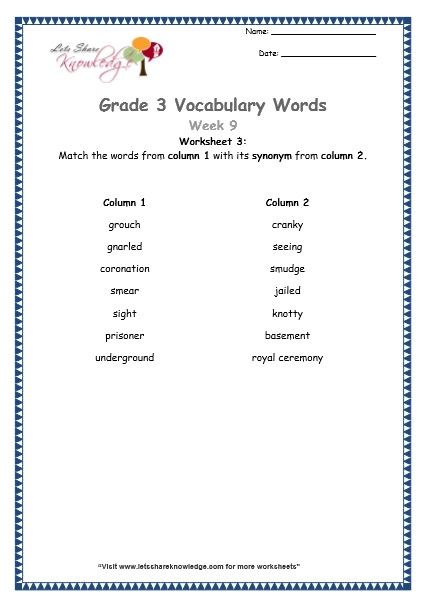  grade 3 vocabulary worksheets Week 9 worksheet 3