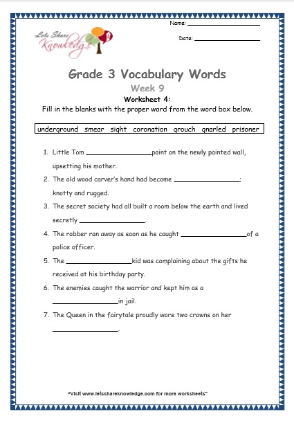 Grade 3: Vocabulary Worksheets Week 8