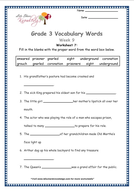  grade 3 vocabulary worksheets Week 9 worksheet 7