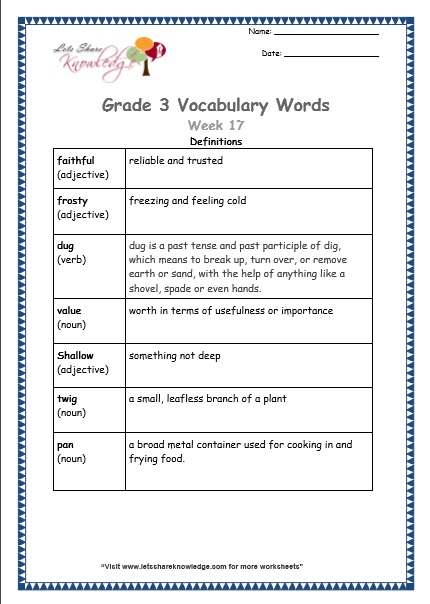 grade 3 vocabulary worksheets Week 17 definitions