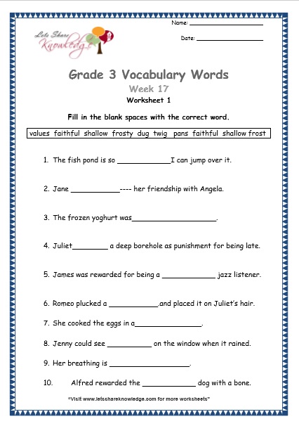grade 3 vocabulary worksheets Week 17 worksheet 1