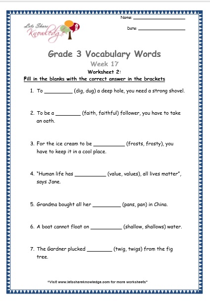 Grade 3: Vocabulary Worksheets Week 17 – Lets Share Knowledge