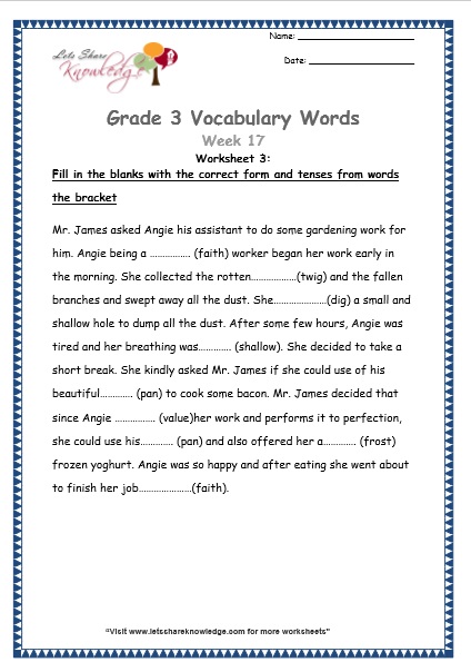  grade 3 vocabulary worksheets Week 17 worksheet 3