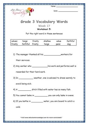 Grade 3: Vocabulary Worksheets Week 17 faithful, frosty, dug, value, shallow, twig, pan