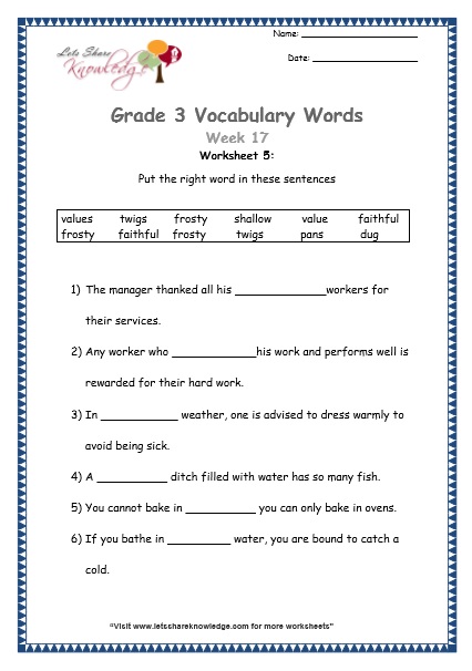  grade 3 vocabulary worksheets Week 17 worksheet 5