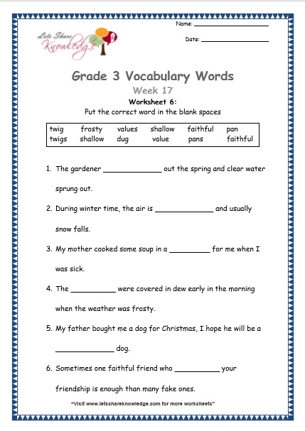  grade 3 vocabulary worksheets Week 17 worksheet 6