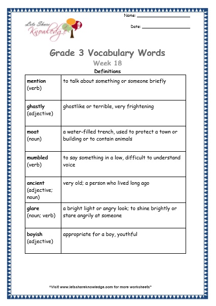 grade 3 vocabulary worksheets Week 18 definitions