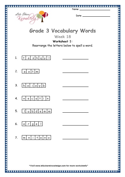 grade 3 vocabulary worksheets Week 18 worksheet 1