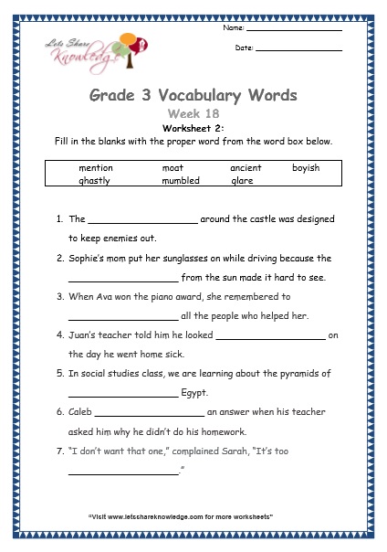 grade 3 vocabulary worksheets Week 18 worksheet 1