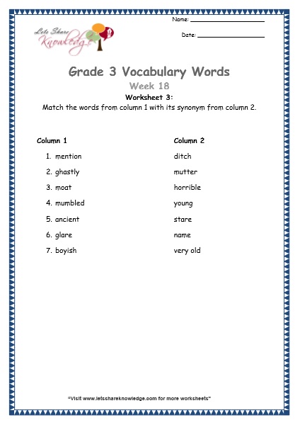  grade 3 vocabulary worksheets Week 18 worksheet 3
