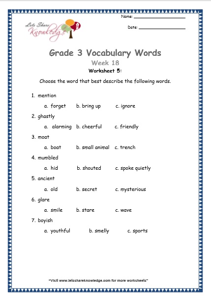  grade 3 vocabulary worksheets Week 18 worksheet 5