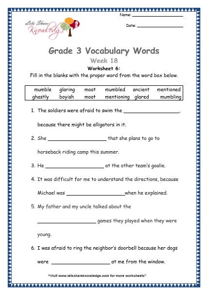  grade 3 vocabulary worksheets Week 18 worksheet 6