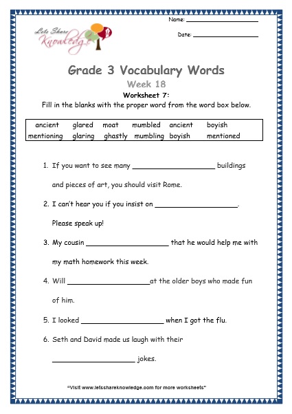  grade 3 vocabulary worksheets Week 18 worksheet 7