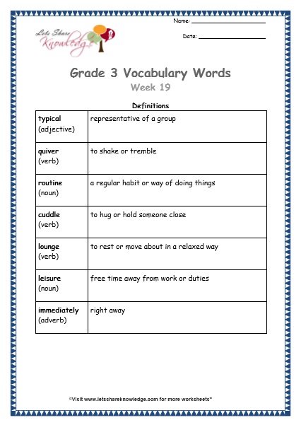 grade 3 vocabulary worksheets Week 19 definitions