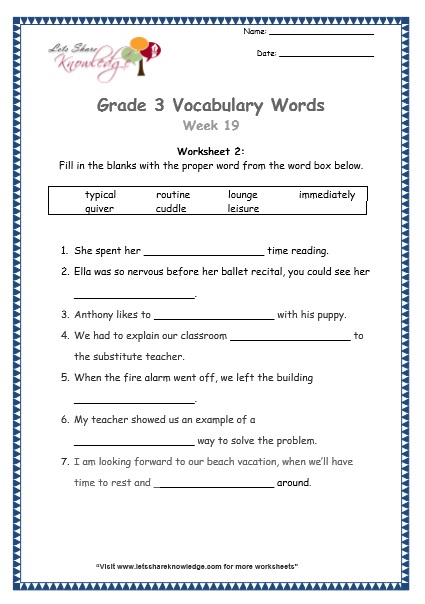 grade 3 vocabulary worksheets Week 19 worksheet 1