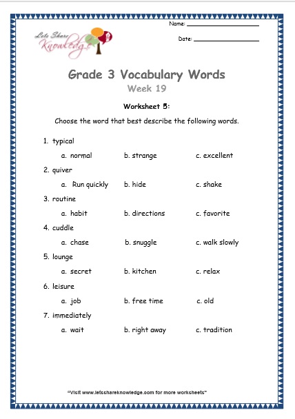  grade 3 vocabulary worksheets Week 19 worksheet 5
