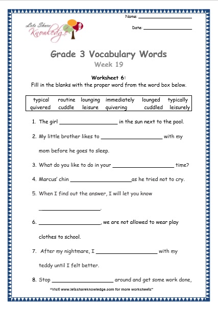  grade 3 vocabulary worksheets Week 19 worksheet 6
