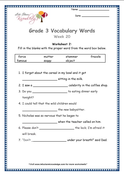 grade 3 vocabulary worksheets Week 20 worksheet 1