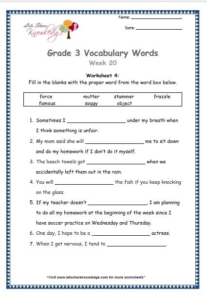  grade 3 vocabulary worksheets Week 20 worksheet 4