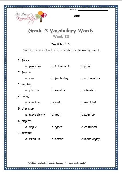  grade 3 vocabulary worksheets Week 20 worksheet 5