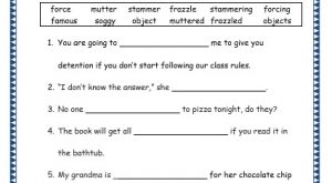 Grade 3: Vocabulary Worksheets Week 20 force, famous, mutter, soggy, stammer, object, frazzle