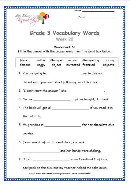  grade 3 vocabulary worksheets Week 20 worksheet 6