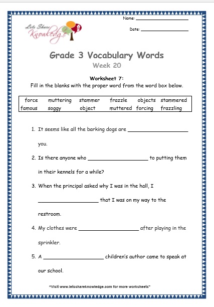  grade 3 vocabulary worksheets Week 20 worksheet 7