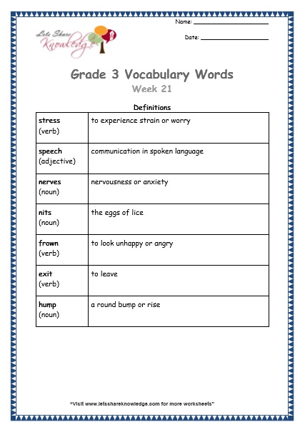 grade 3 vocabulary worksheets Week 21 definitions