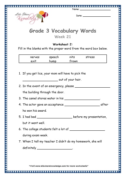 grade 3 vocabulary worksheets Week 21 worksheet 1