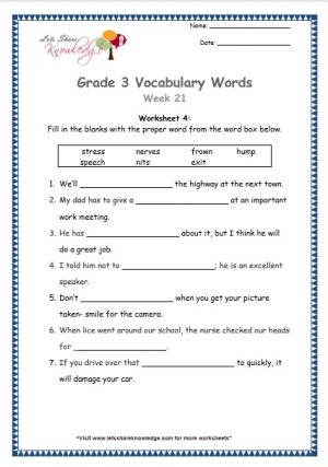 Grade 3: Vocabulary Worksheets Week 21 stress, speech, nerves, nits, frown, exit, hump