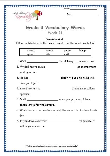  grade 3 vocabulary worksheets Week 21 worksheet 4
