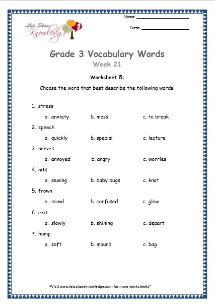  grade 3 vocabulary worksheets Week 21 worksheet 5
