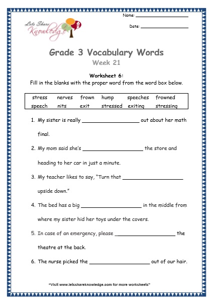  grade 3 vocabulary worksheets Week 21 worksheet 6