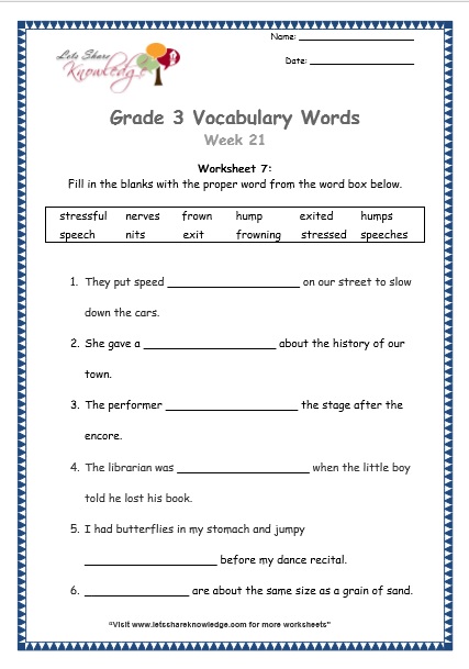  grade 3 vocabulary worksheets Week 21 worksheet 7