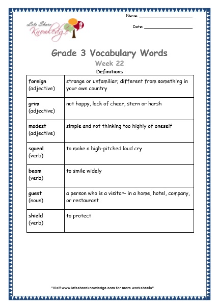 grade 3 vocabulary worksheets Week 22 definitions