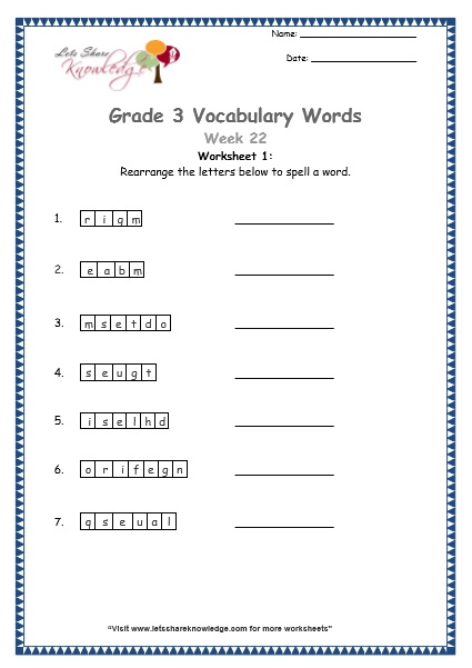 grade 3 vocabulary worksheets Week 22 worksheet 1