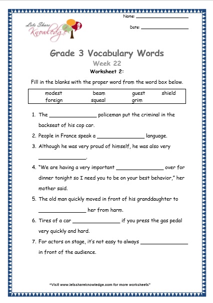 grade 3 vocabulary worksheets Week 22 worksheet 1