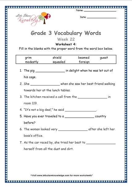  grade 3 vocabulary worksheets Week 22 worksheet 4