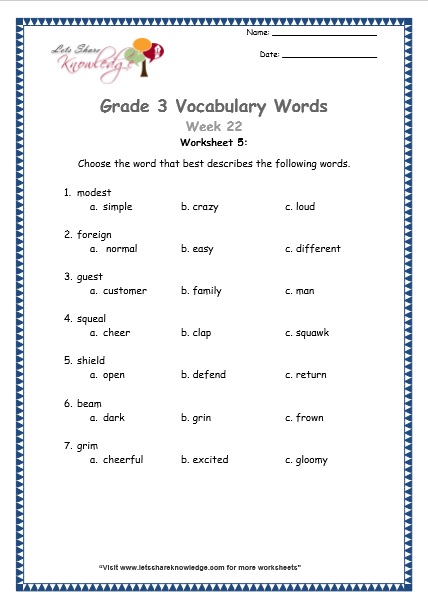 Grade 3 Vocabulary Worksheets Week 22 Lets Share Knowledge