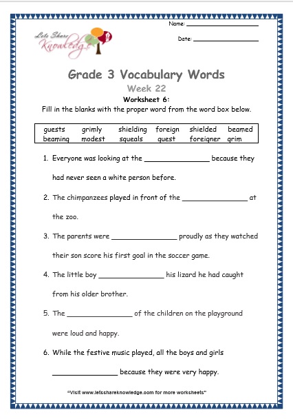  grade 3 vocabulary worksheets Week 22 worksheet 6