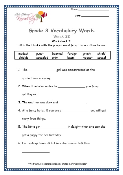  grade 3 vocabulary worksheets Week 22 worksheet 7