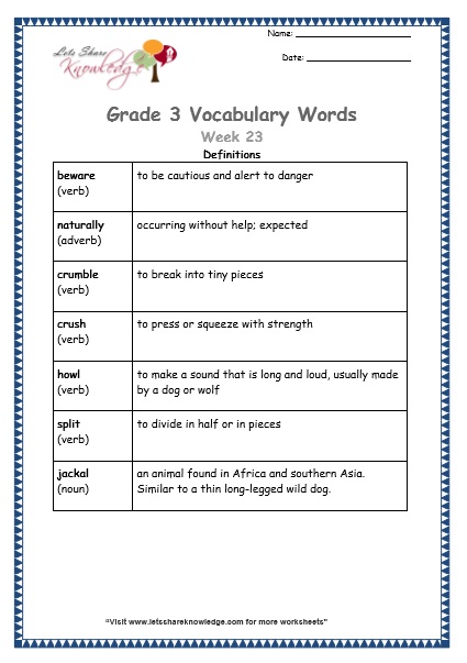 grade 3 vocabulary worksheets Week 23 definitions