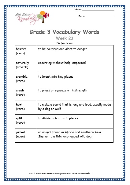 Grade 3: Vocabulary Worksheets Week 23 – Lets Share Knowledge