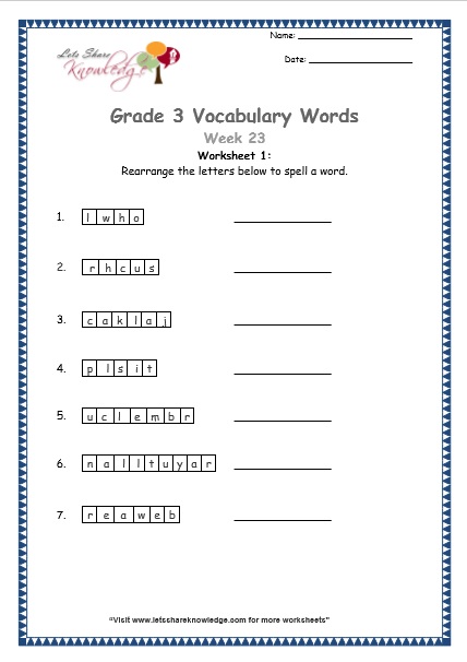 grade 3 vocabulary worksheets Week 23 worksheet 1